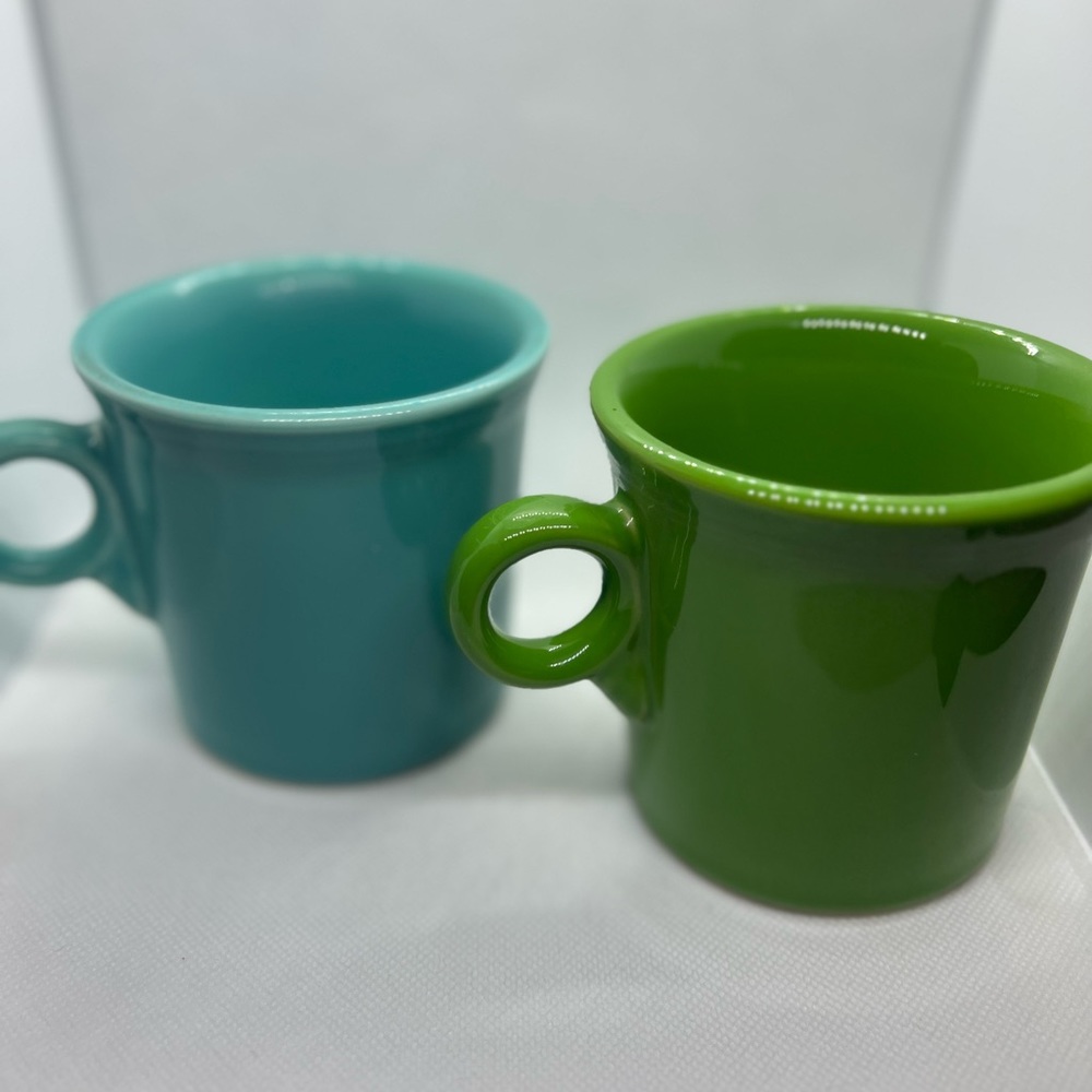 Set of two, never used, Fiestaware ring handled mugs, Turquoise and Shamrock